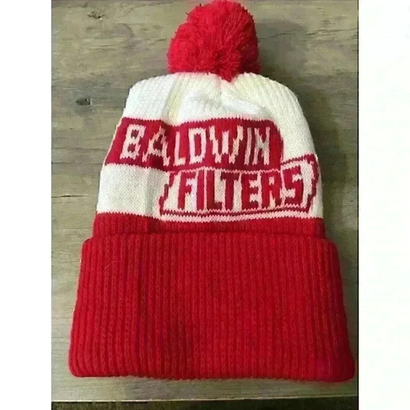 Vintage BALDWIN FILTERS Beanie / Stocking Winter Hat RED AND WHITE L@@k - Picture 2 of 2